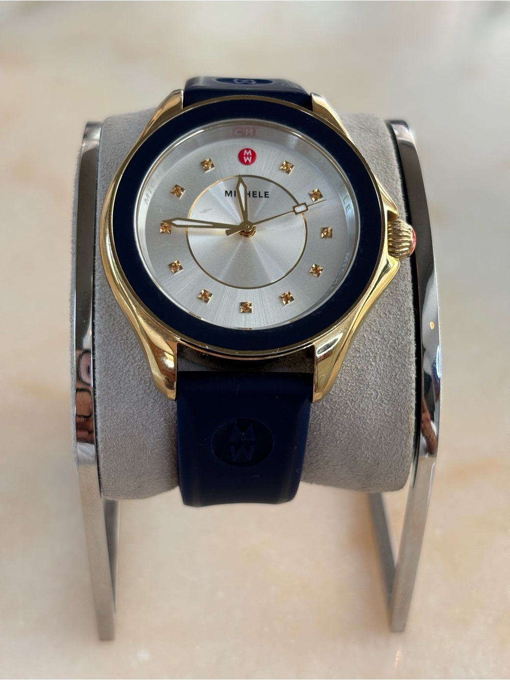 Michele Gold-Tone Case with Navy Bezel and Navy Strap Watch